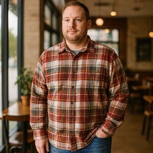 Eddie Bauer XXL Plaid Flannel Shirt Rust Green Cotton Button Front Long Sleeve